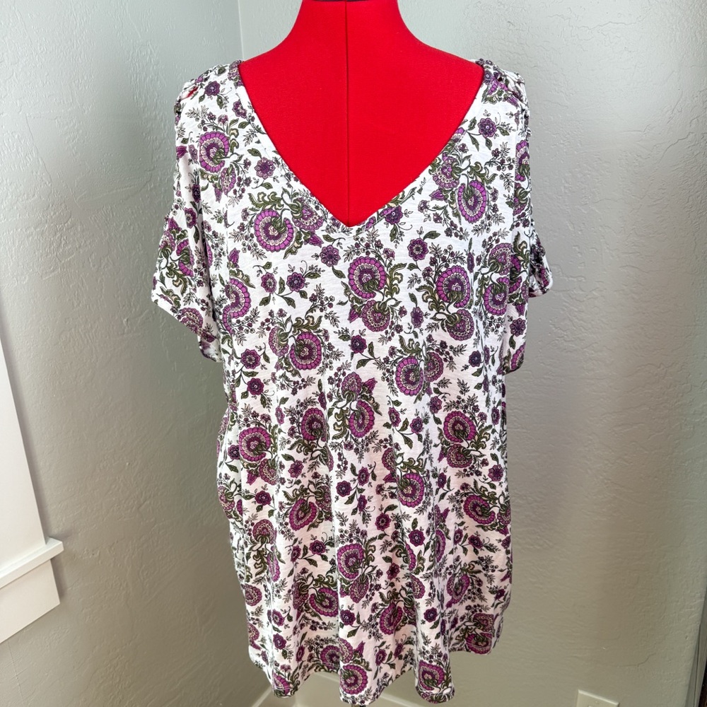 Lane Bryant Purple Floral Swing Tee Lattice Shoulder Cutout Detail Plus Size 22